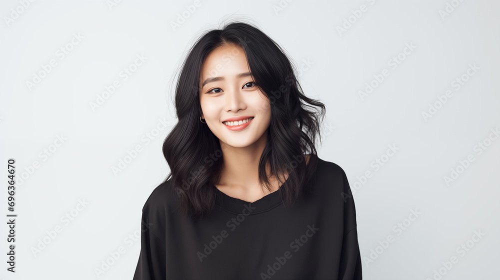 Joyful Asian woman with a beaming smile, wearing a classic black top, against a simple white background Joyful Asian woman with a beaming smile, wearing a classic black top, against a simple white background