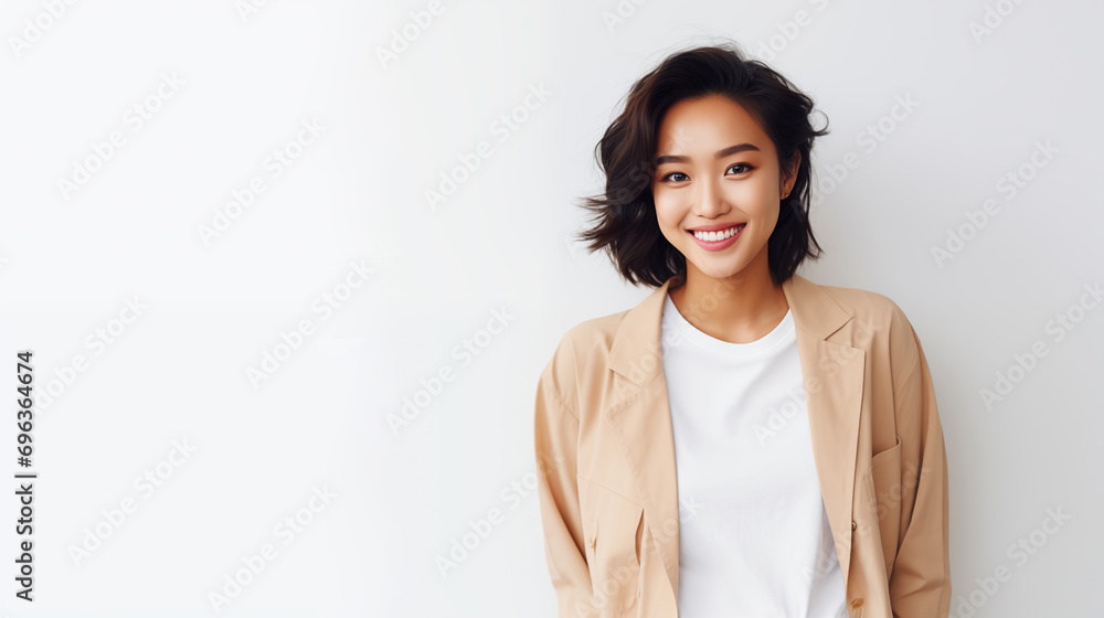 A young woman exudes confidence and joy, sporting a modern, short wavy hairstyle and a chic beige blazer over a classic white top A young woman exudes confidence and joy, sporting a modern, short wavy hairstyle and a chic beige blazer over a classic white top