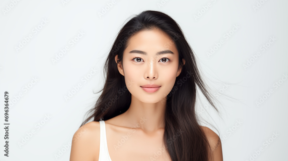 A portrait of a radiant Asian woman with flowing hair, showcasing natural beauty and subtle makeup on a clean, white background A portrait of a radiant Asian woman with flowing hair, showcasing natural beauty and subtle makeup on a clean, white background