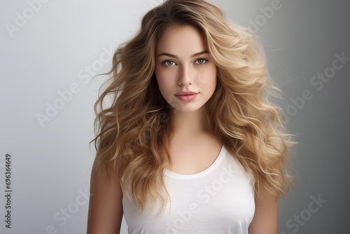 A young woman with voluminous blonde hair exudes natural beauty and elegance in a simple white top