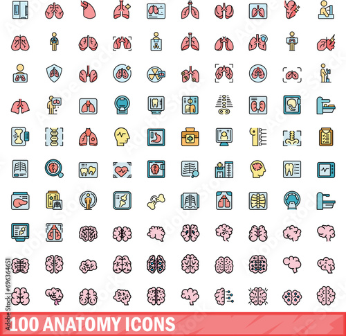 100 anatomy icons set. Color line set of anatomy vector icons thin line color flat on white