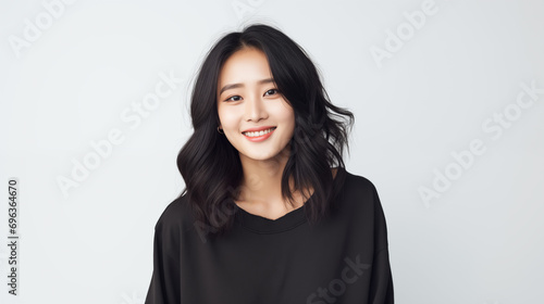 Joyful Asian woman with a beaming smile, wearing a classic black top, against a simple white background © mikeosphoto