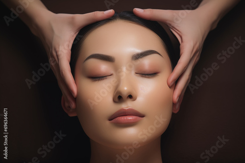 A serene Asian woman enjoys a soothing facial massage, embodying relaxation and well-being