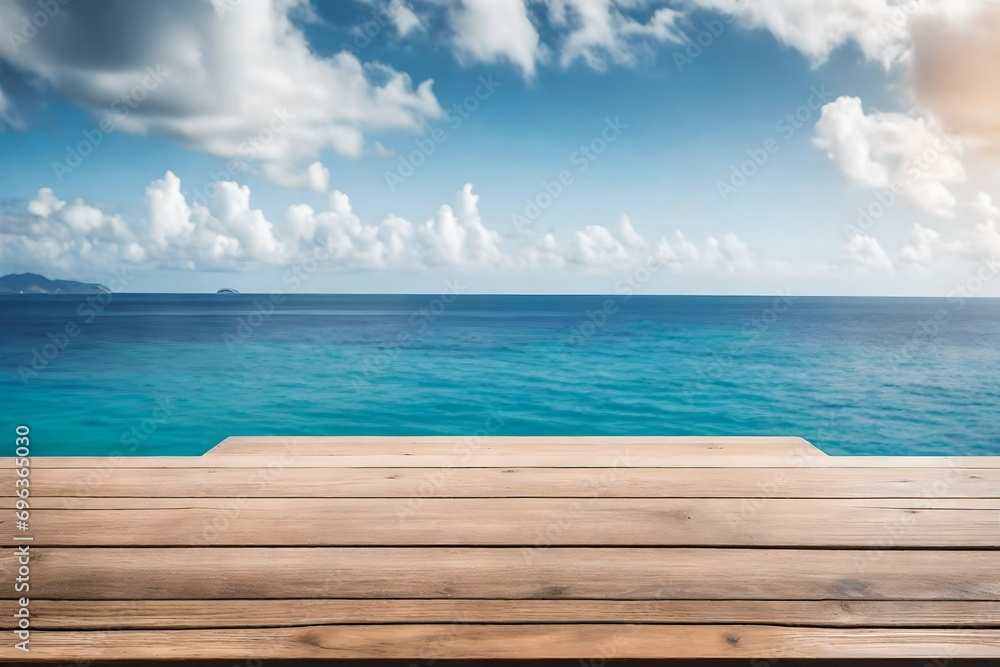 Wooden Surface with Island and Clear Sky Scenery