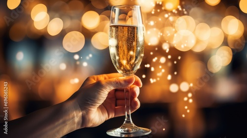 one hand holding champagne glass with drink on bokeh backgound with colorful lights © Barosanu