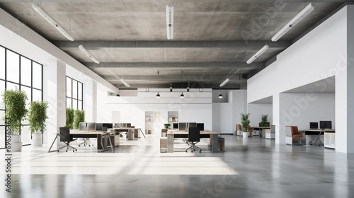 copy space, stockphoto, modern Industrial style open office with white walls, concrete floor, no people. big windows at one side, no people. Bright open office. Copy space available. © Dirk