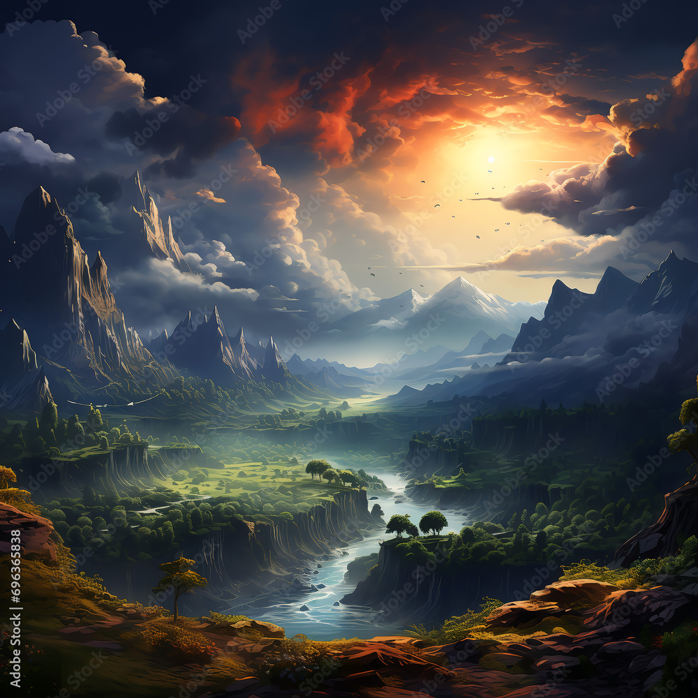 sunset in the mountains, Surreal landscape    
