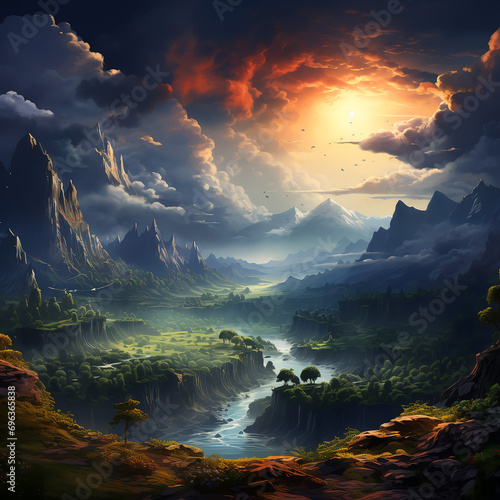 sunset in the mountains, Surreal landscape 