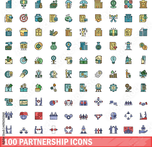 100 partnership icons set. Color line set of partnership vector icons thin line color flat on white