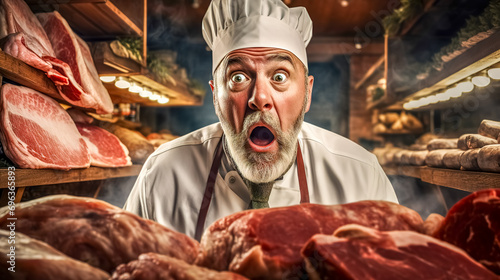 Shocked chef in butcher's shop with wide eyes, surrounded by fresh meat cuts photo