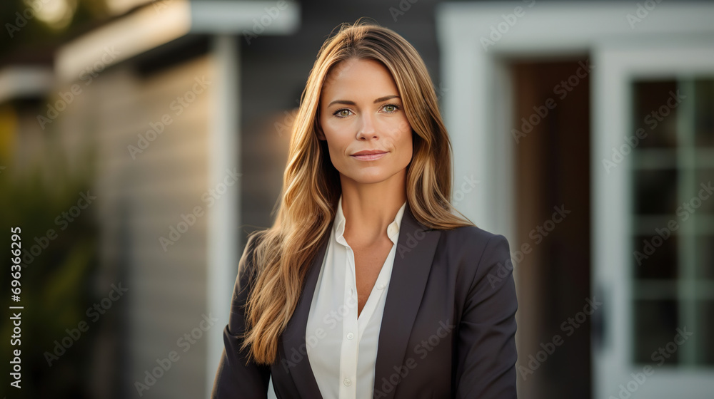Confident American female real estate agent stands proudly outside a modern home, radiating expertise and approachability, ready to assist potential buyers. Confident American female real estate agent stands proudly outside a modern home, radiating expertise and approachability, ready to assist potential buyers.
