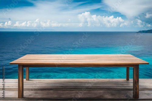A Wooden Table overlooking the Ocean and Blue Sky