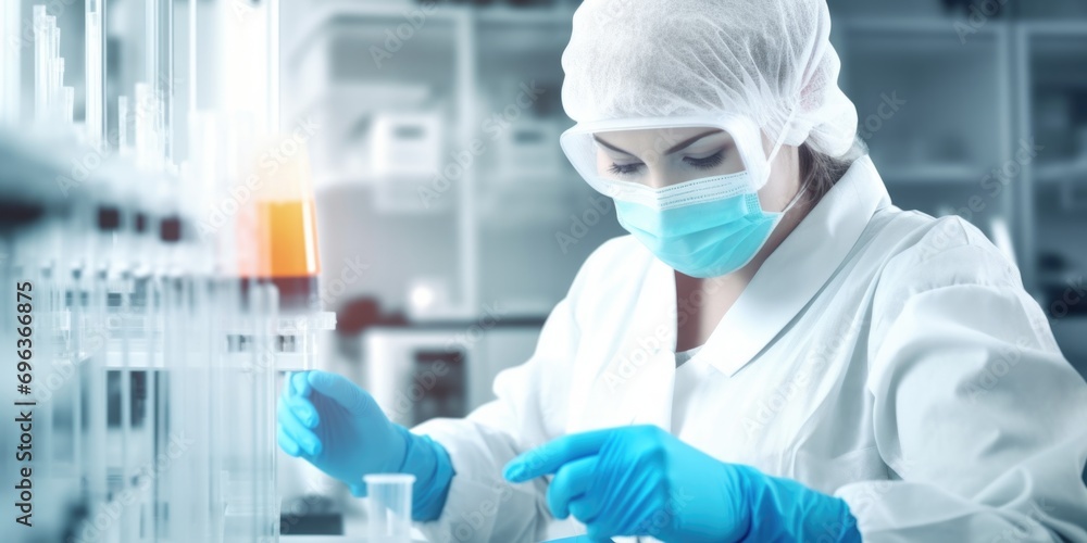 A woman in a white lab coat and blue gloves. Biotechnology, molecular biology analysis in modern laboratory. A woman in a white lab coat and blue gloves. Biotechnology, molecular biology analysis in modern laboratory.