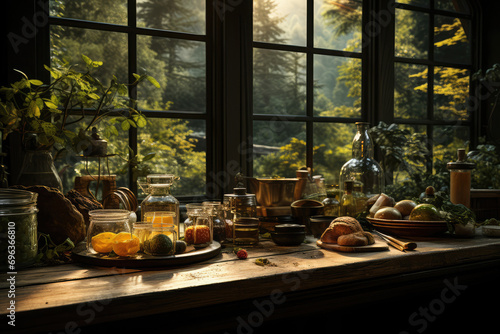 Products and dishes are on the windowsill table.