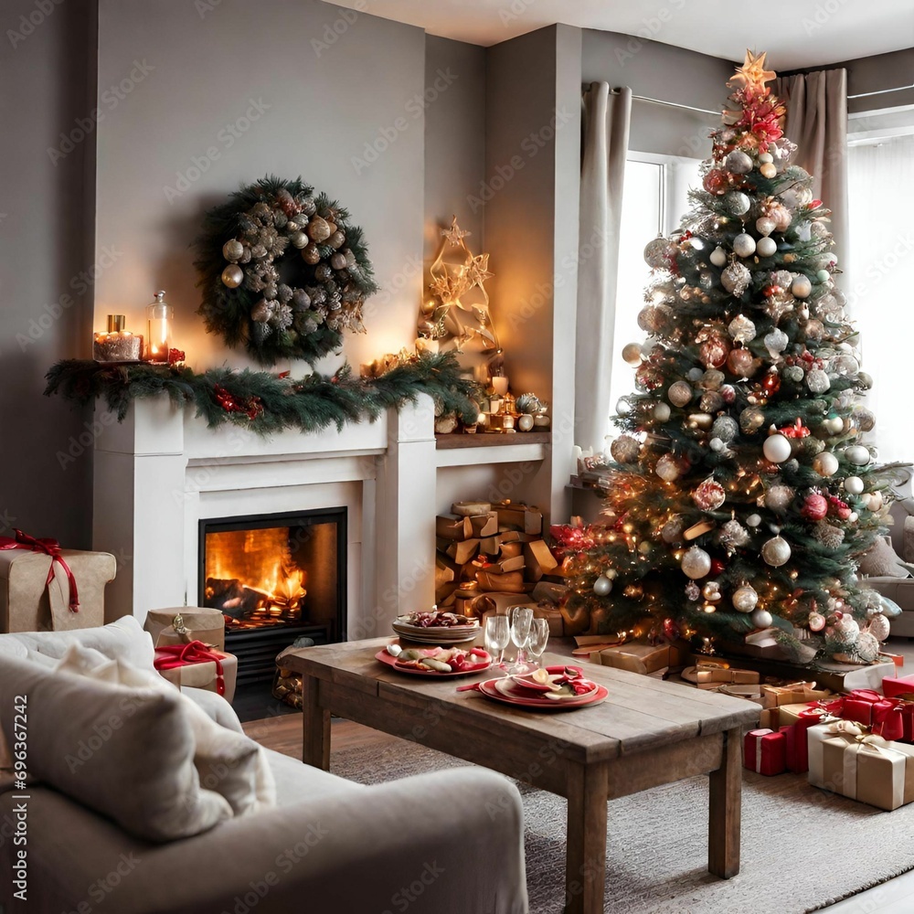 Living room with fireplace Christmas decorations Give a warm feeling On the table there is food for Christmas.