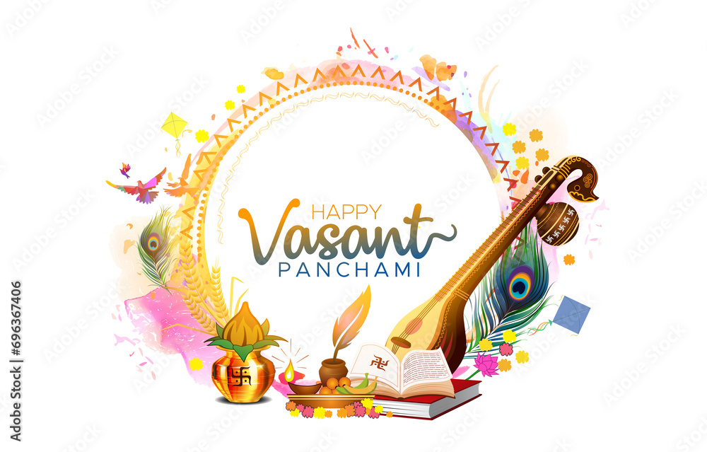 Happy vasant panchami festival poster template, frame design. Indian spring day celebration and puja concept. - obrazy, fototapety, plakaty 
