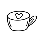 Vector doodle cappuccino cup with heart. Line drawing for card, Valentine's day, birthday, wedding