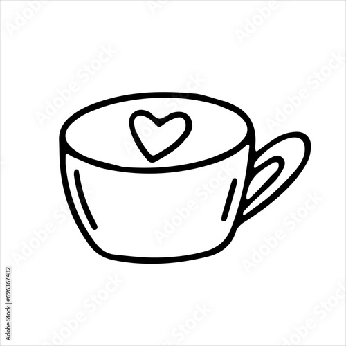 Vector doodle cappuccino cup with heart. Line drawing for card  Valentine s day  birthday  wedding