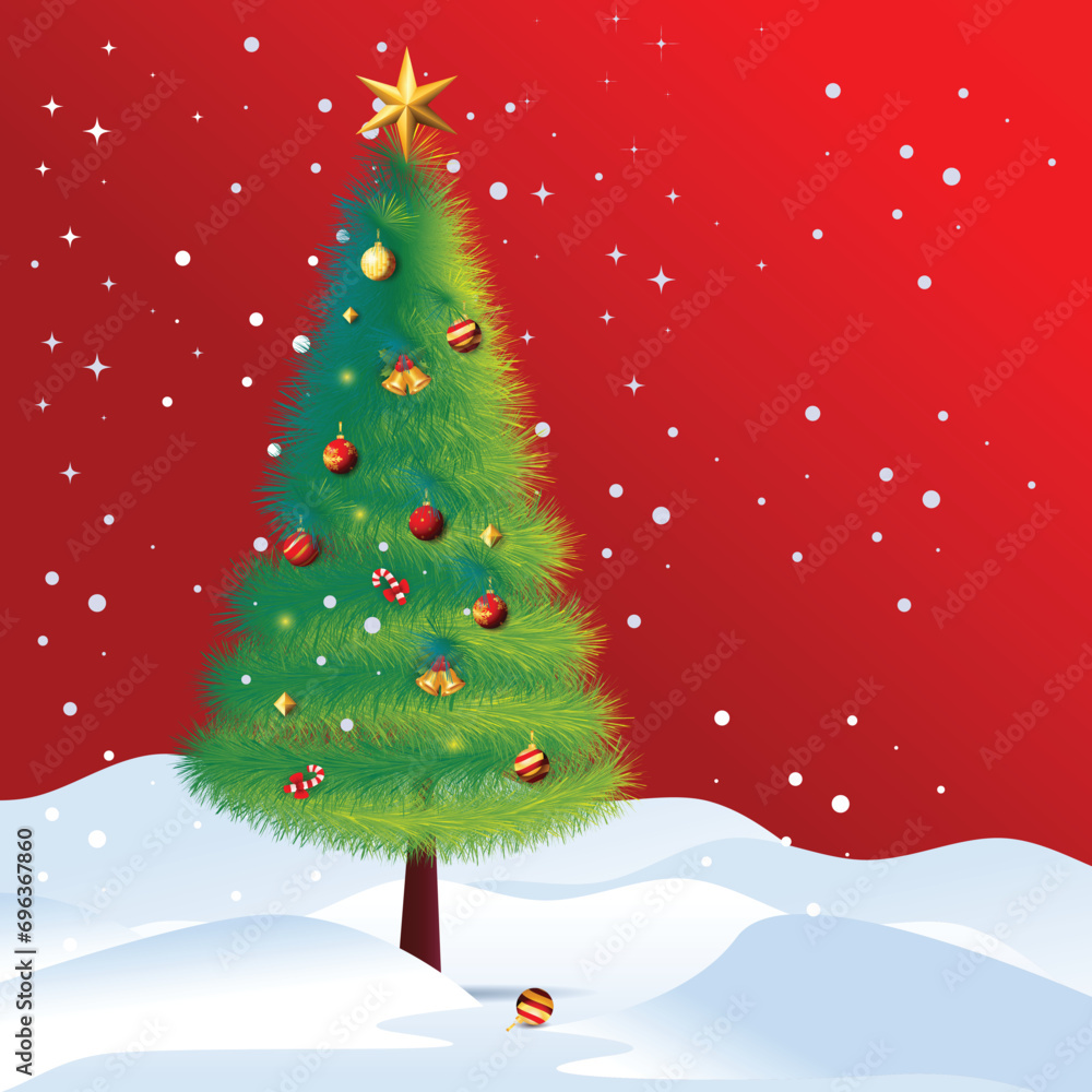 Free Vector Decorate Christmas Tree with red Background