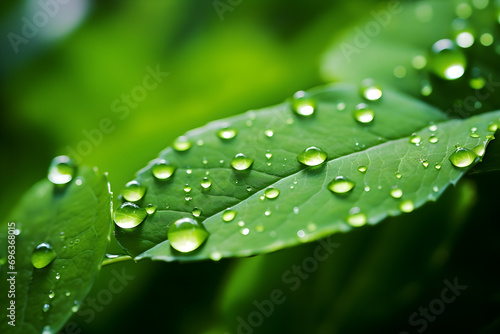 Close-Up eines Wassertropfens auf grünem Blatt, Tautropfen, erstellt mit generativer KI © rawku5