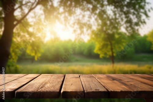 Empty wooden table against a blurred natural background