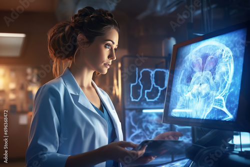 An expert female neurologist deeply engrossed in examining brain scans, utilizing innovative medical technology for diagnosis, highlighting her proficiency and expertise. photo