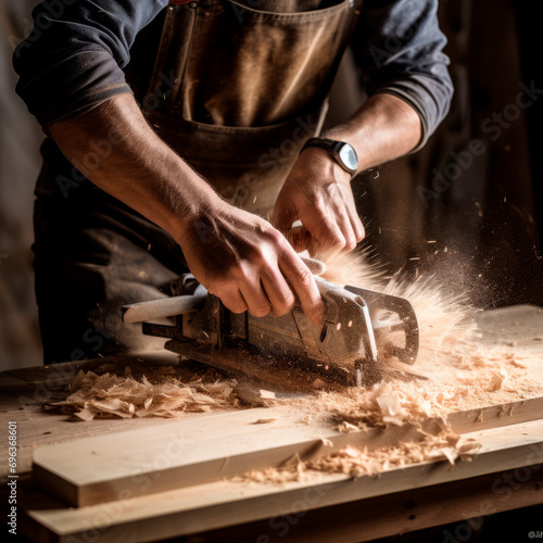 A craftsman planing wood with a planer against the background of flying sawdust and wood dust, close-up of hands. Carpentry. Building a house. Furniture made of wood. DIY