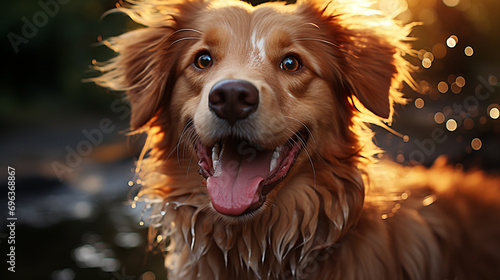 Close-up of playful dog with bokeh blur background, AI Generated © Shining Pro