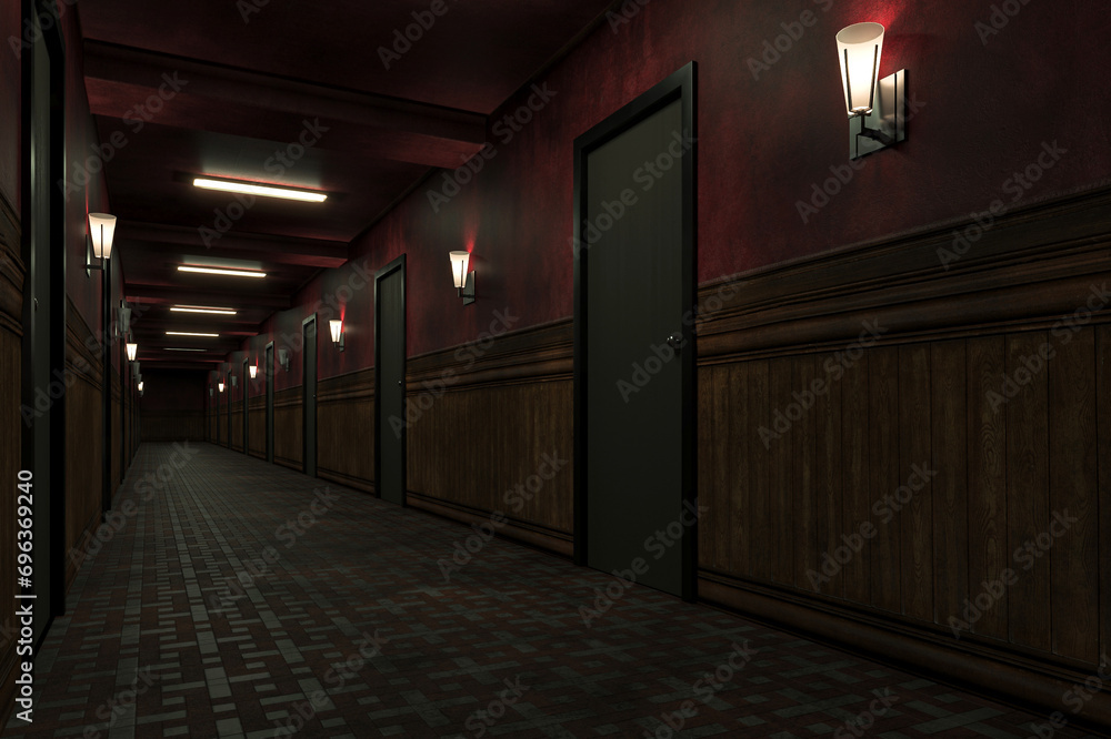 corridor in the old building.old dark scary red corridor corridor in the old building.old dark scary red corridor