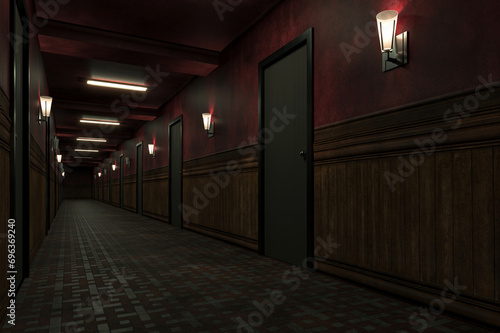 corridor in the old building.old dark scary red corridor