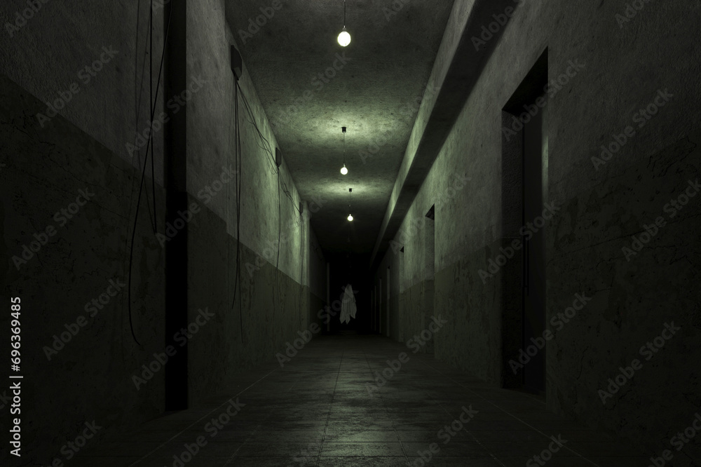 3d old abandoned building.old dark scary corridor	