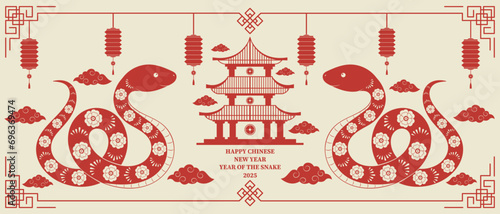 Happy Chinese New Year 2025. Background with snake,clouds and Chinese lanterns. Vector illustration