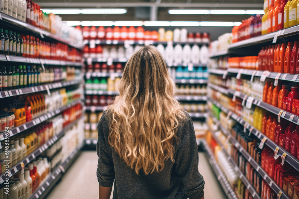 A woman comparing products in a grocery store, considering nutrition, prices, and ingredients, demonstrating informed consumer behavior