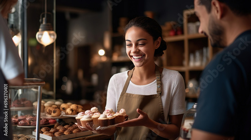A smiling female baker, who's also the shop owner, offering exemplary customer service as she hands a customer their order in her retail store photo