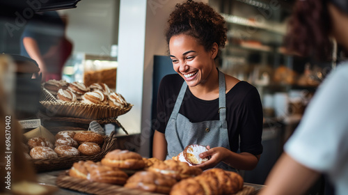 A smiling female baker, who's also the shop owner, offering exemplary customer service as she hands a customer their order in her retail store photo