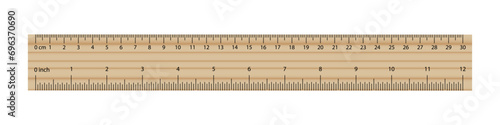 Wooden ruler on white background illustration. Centimeter, school, measurement, line, drawing, mathematics, geometry, meter, compass, length. Vector icons for business and advertising