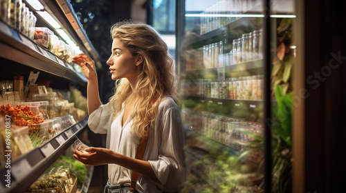 A candid image of a woman keenly browsing natural, eco-friendly cosmetic products in a store, reflecting a conscious, sustainable lifestyle photo
