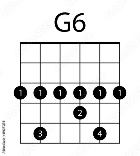 Guitar chord G6 illustration. Guitar, notes, music, string, song, treble clef, consonance, notation, melody, school, musician, barre. Vector icons for business and advertising