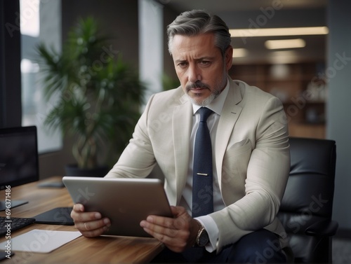 Happy middle aged business man ceo wearing suit standing in office using digital tablet