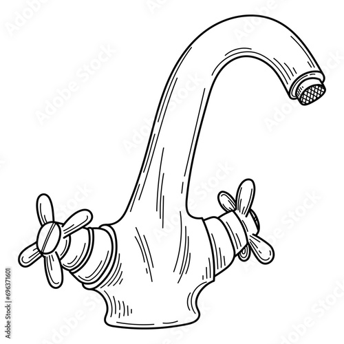Water tap sketch. Bathroom kitchen faucet. Hand drawn line art illustration.