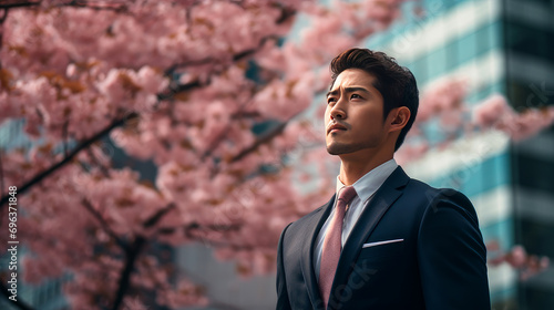 Modern happy young serious sullen Asian man against the backdrop of pink cherry blossoms and metropolis city.