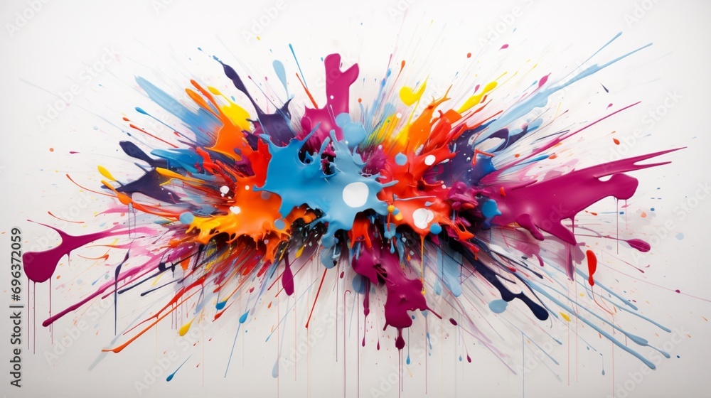 A close-up perspective of isolated burst of energetic and colorful splatters on a pristine white surface, highlighting the lively and spontaneous qualities of this vibrant art piece.