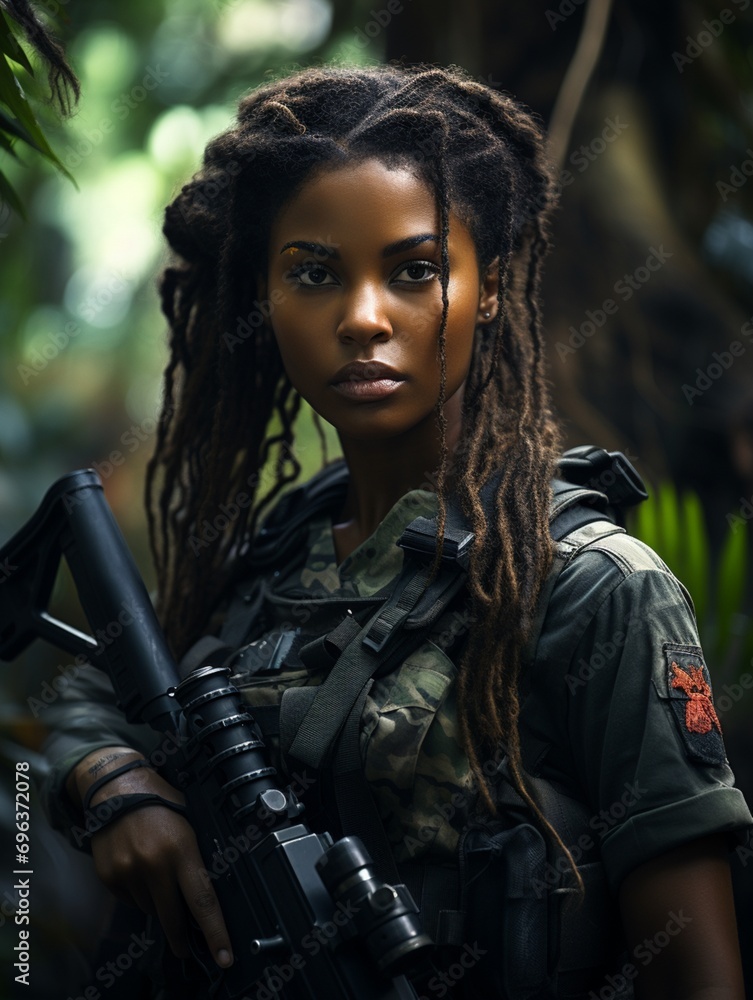 Dark-skinned young girl in full length military uniform with weapon in hand in the jungle Dark-skinned young girl in full length military uniform with weapon in hand in the jungle