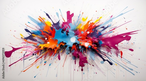 A close-up perspective of isolated burst of energetic and colorful splatters on a pristine white surface, highlighting the lively and spontaneous qualities of this vibrant art piece.