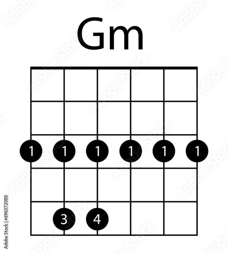Guitar chord GM illustration. Guitar, notes, music, string, song, treble clef, consonance, notation, melody, school, musician, barre. Vector icons for business and advertising