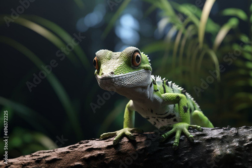 Young green lizard sitting on a tree against tropical greenery background. Close-up
