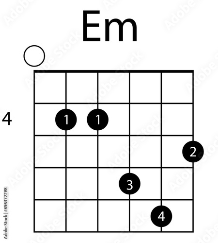 Guitar chord Em illustration. Guitar, notes, music, string, song, treble clef, consonance, notation, melody, school, musician, barre. Vector icons for business and advertising