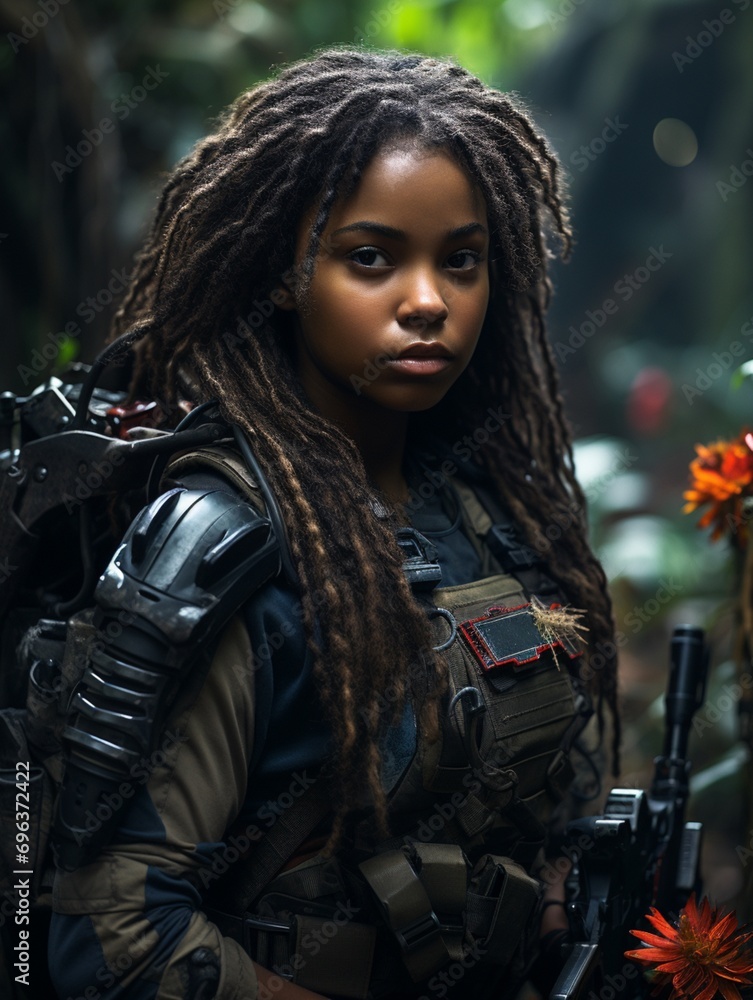 Dark-skinned young girl in full length military uniform with weapon in hand in the jungle Dark-skinned young girl in full length military uniform with weapon in hand in the jungle