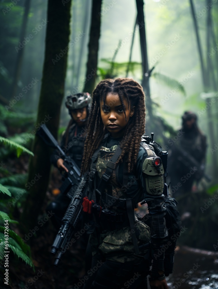 Dark-skinned young girl in full length military uniform with weapon in hand in the jungle