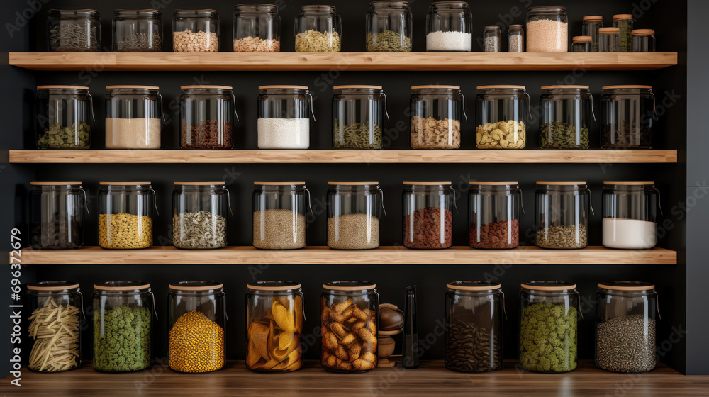 Glass jars with different kinds of beans on wooden shelves in pantry